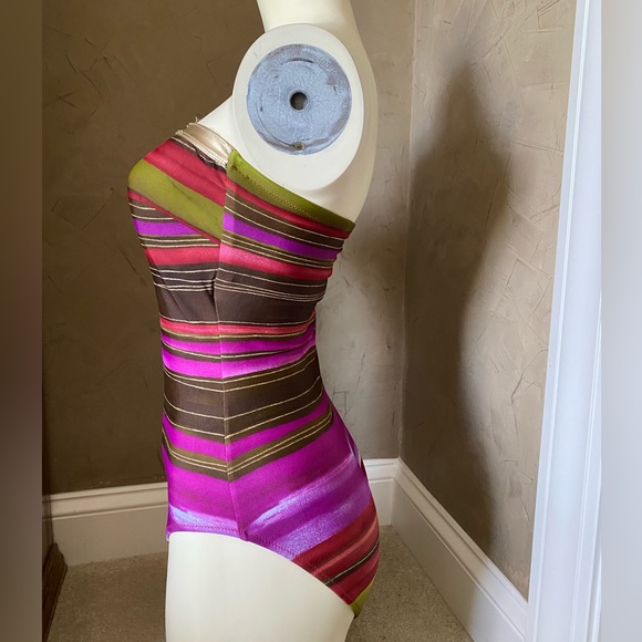 Gottex Metallic Striped One Piece Swimsuit Gold Purple Brown Women’s size 8 - Picture 2 of 11
